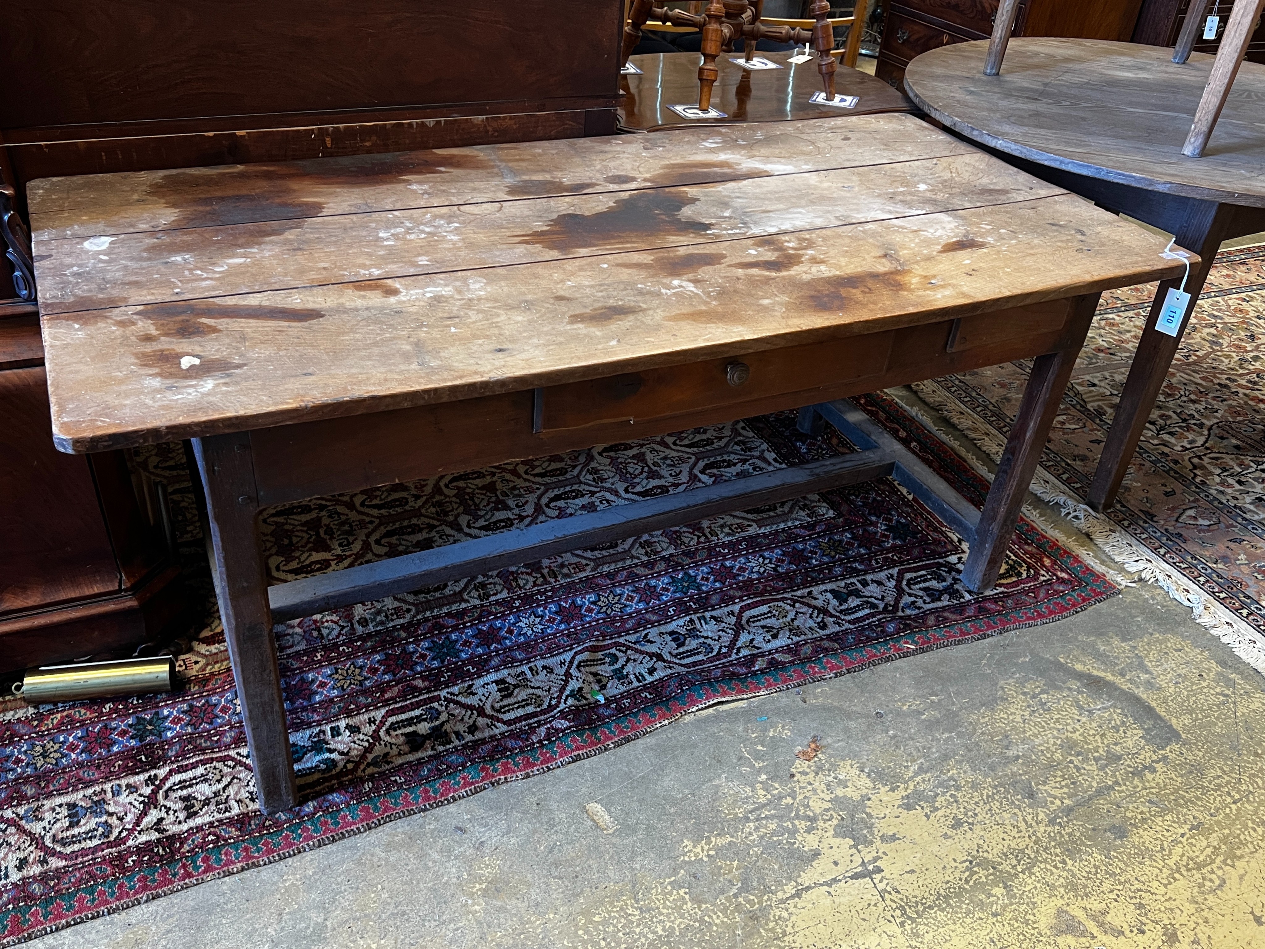 A 19th century French rectangular cherrywood kitchen table, length 161cm, depth 76cm, height 69cm